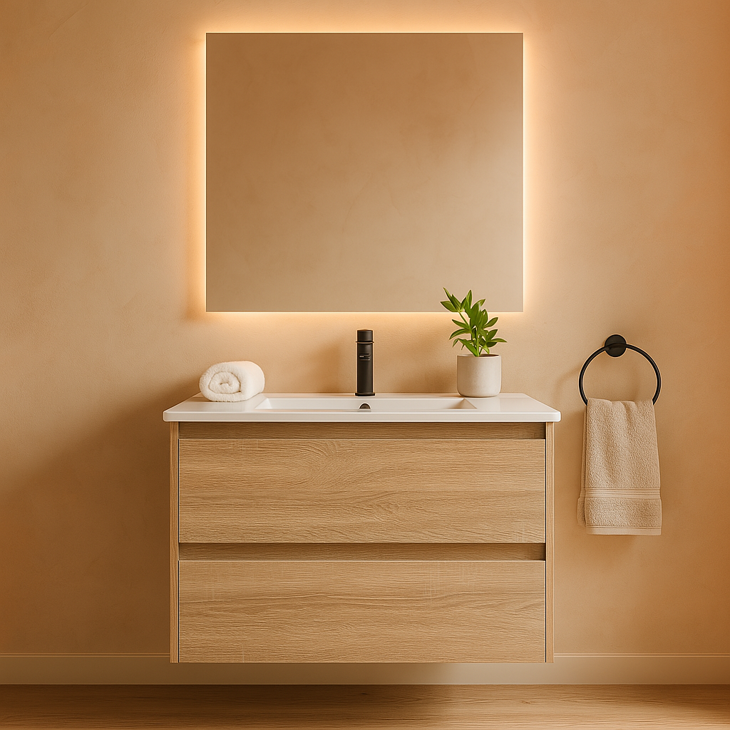 Mina 750A1 Wall Hung Vanity 460mm – Timber Look Melamine Finish with Soft Close Drawers