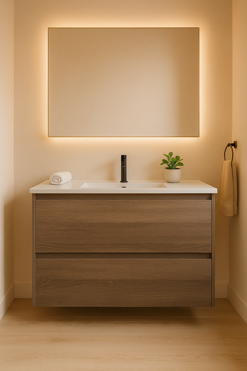 Mina 900A1 Wall Hung Vanity 460mm – Timber Look Melamine Finish with Soft Close Drawers