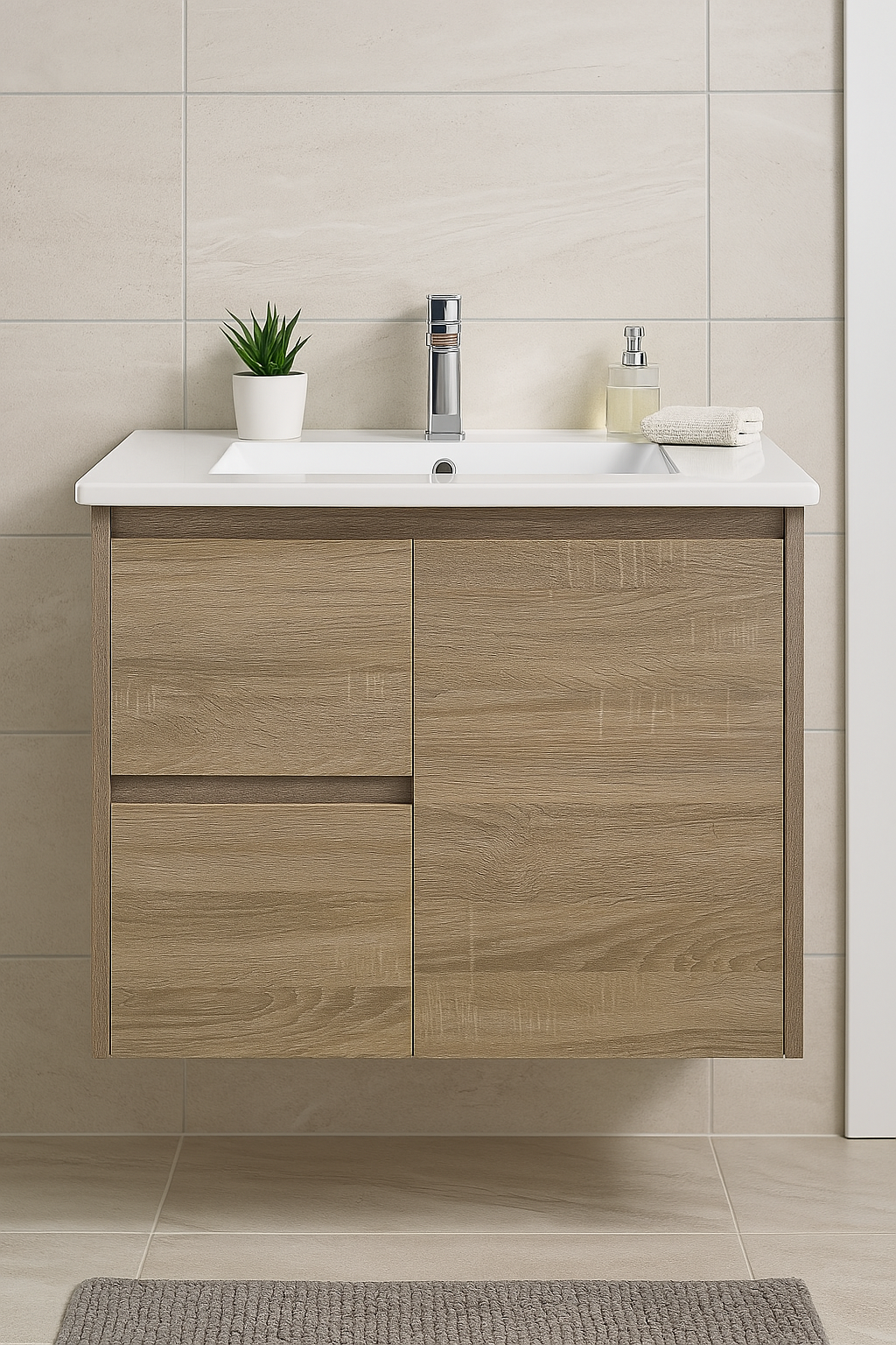 Royce 750LA1 Wall Hung Vanity 460mm  – Timber Look Melamine Finish with Soft Close Drawers