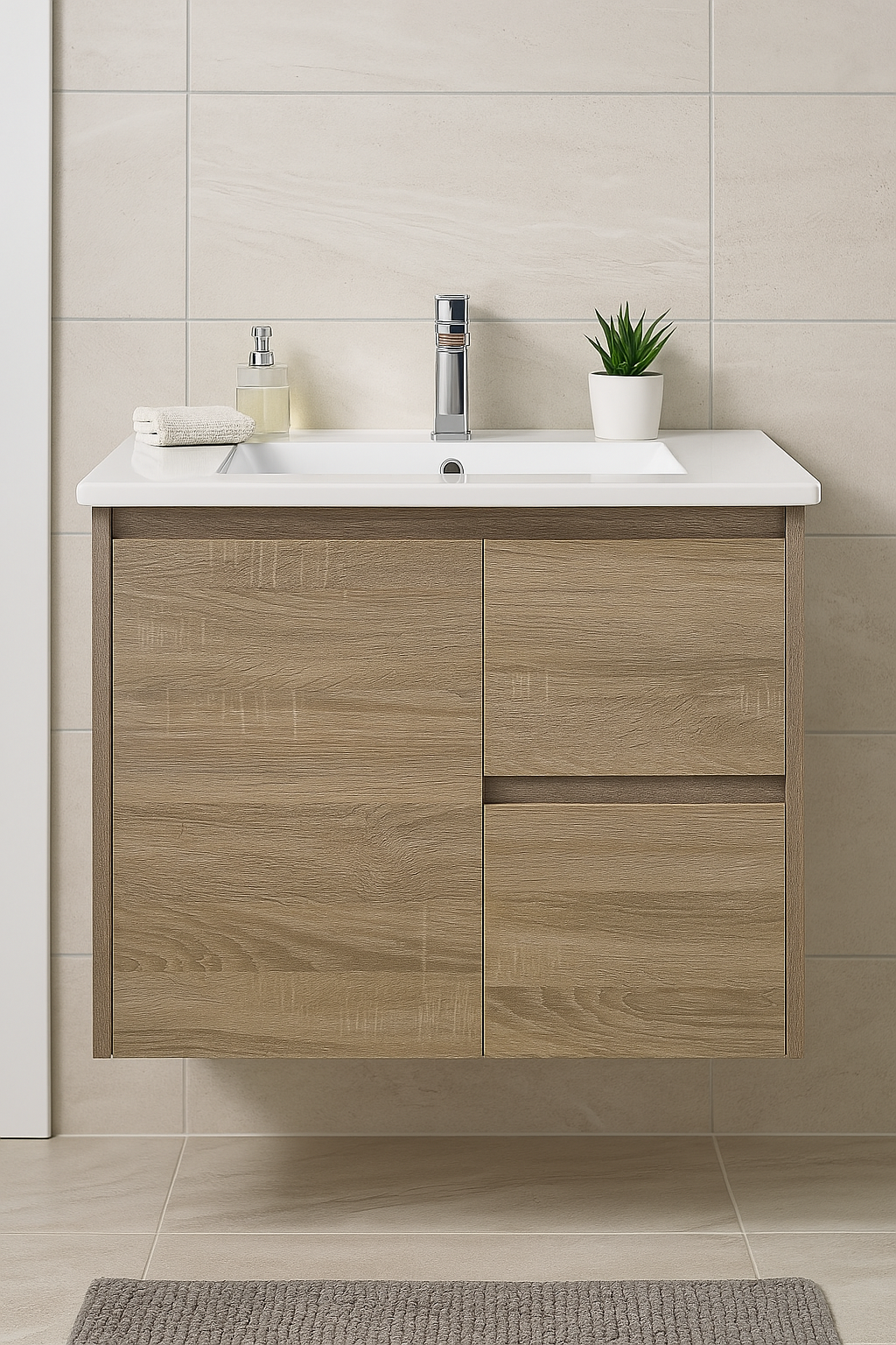 Royce 750RA1 Wall Hung Vanity 460mm  – Timber Look Melamine Finish with Soft Close Drawers