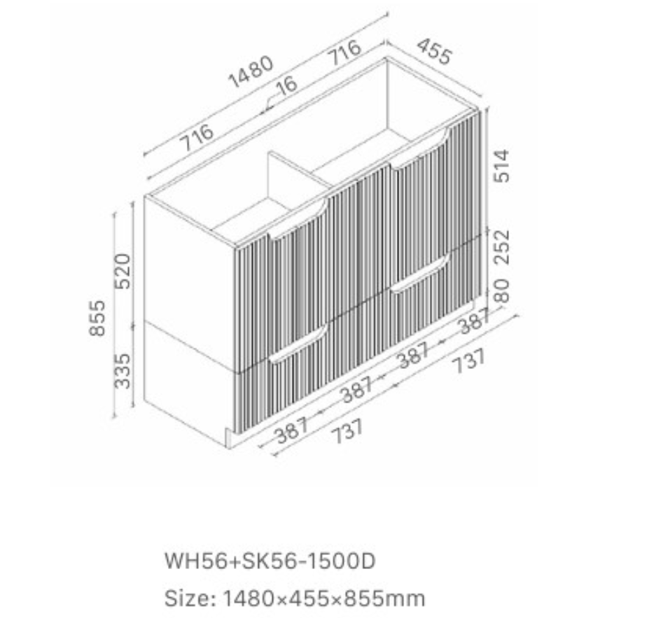 Duplex 855mm Floor Standing Vanity 1500mm DW– Grooved Panel with Soft Closing Drawers