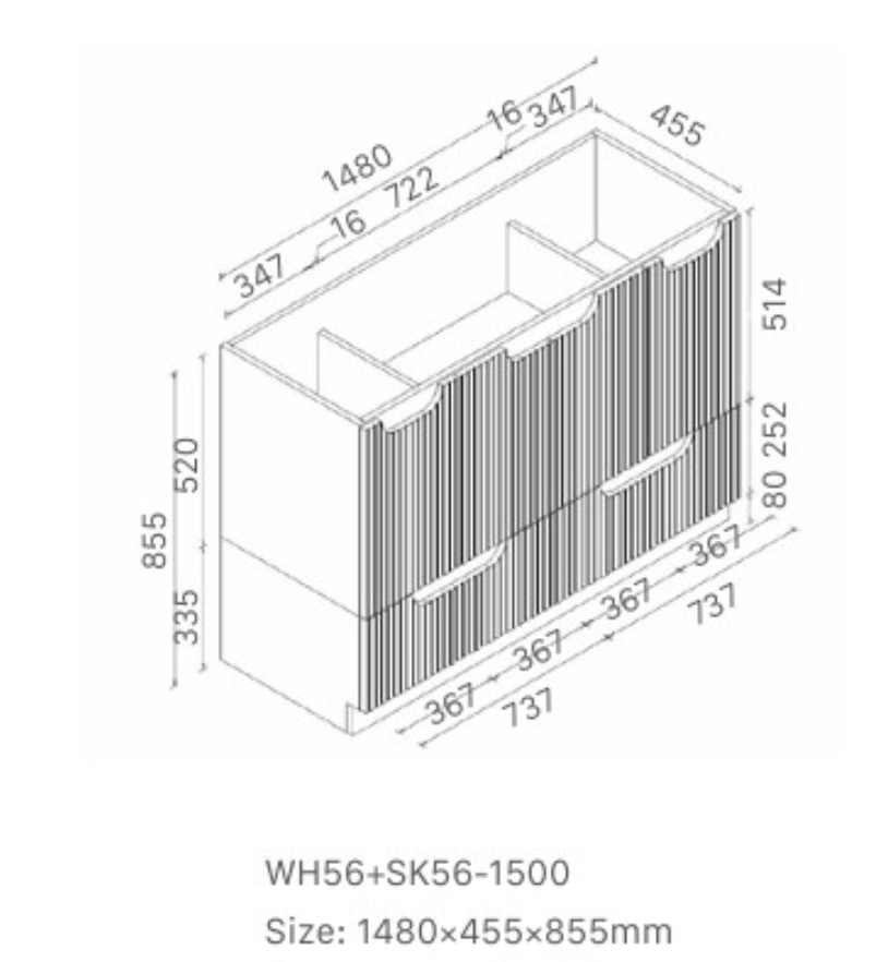 Duplex 855mm Floor Standing Vanity 1500mm– Grooved Panel with Soft Closing Drawers