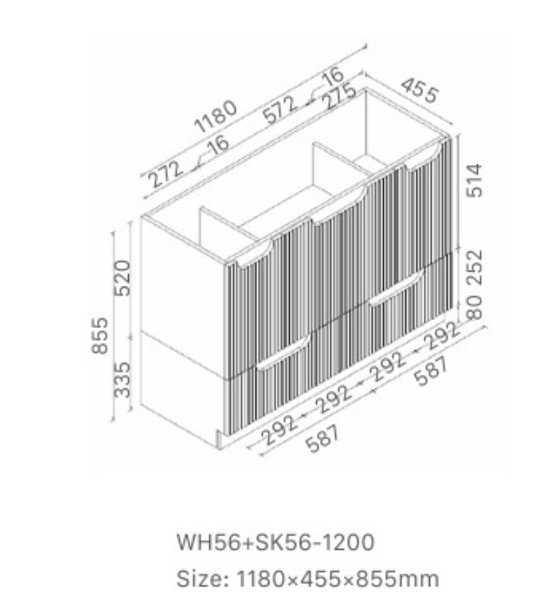 Duplex 855mm Floor Standing Vanity 1200mm– Grooved Panel with Soft Closing Drawers