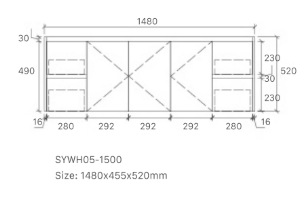 Royce 1500SA1 Wall Hung Vanity 460mm  – Timber Look Melamine Finish with Soft Close Drawers