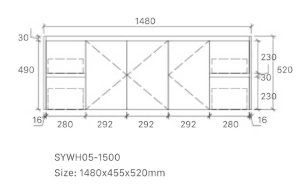 Royce 1500SA1 Wall Hung Vanity 460mm  – Timber Look Melamine Finish with Soft Close Drawers