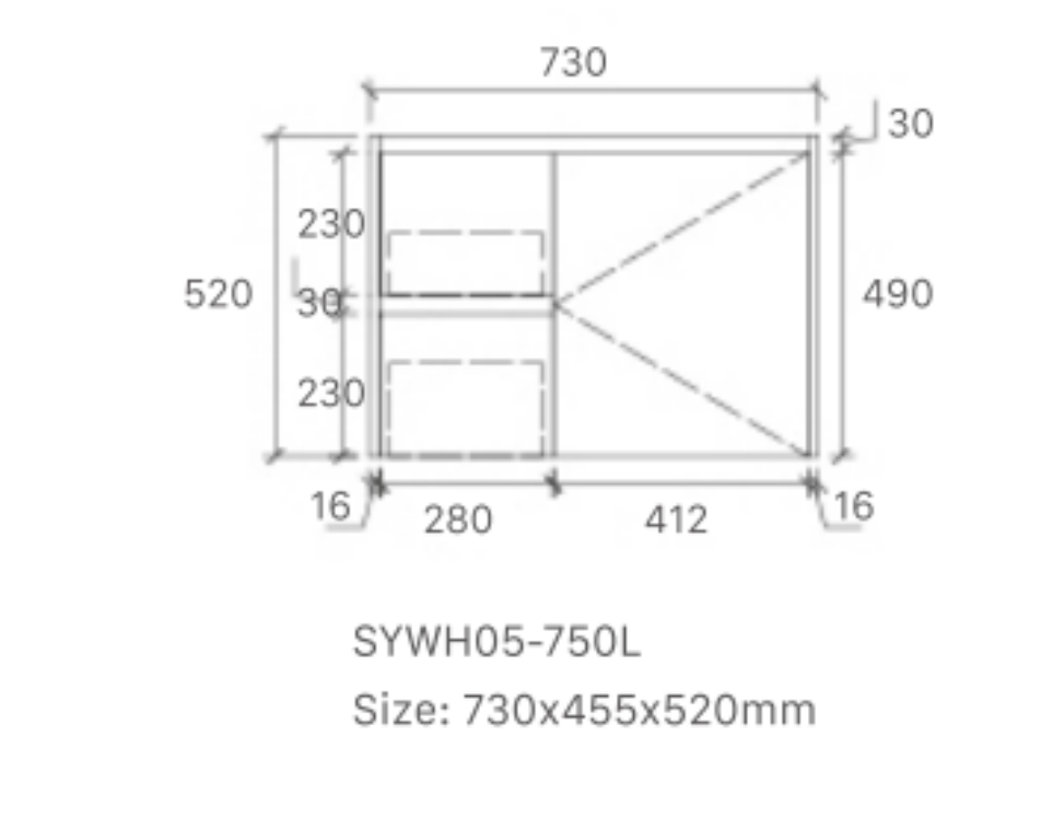 Royce 750LA1 Wall Hung Vanity 460mm  – Timber Look Melamine Finish with Soft Close Drawers