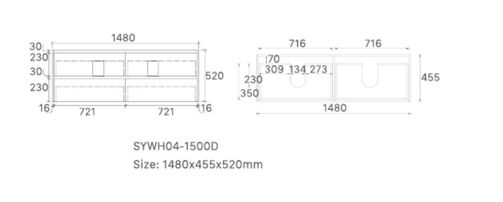 Mina 1500DA1 Wall Hung Vanity 460mm – Timber Look Melamine Finish with Soft Close Drawers