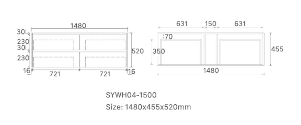 Mina 1500SA1 Wall Hung Vanity 460mm – Timber Look Melamine Finish with Soft Close Drawers