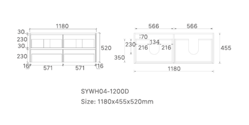 Mina 1200DA1 Wall Hung Vanity 460mm – Timber Look Melamine Finish with Soft Close Drawers