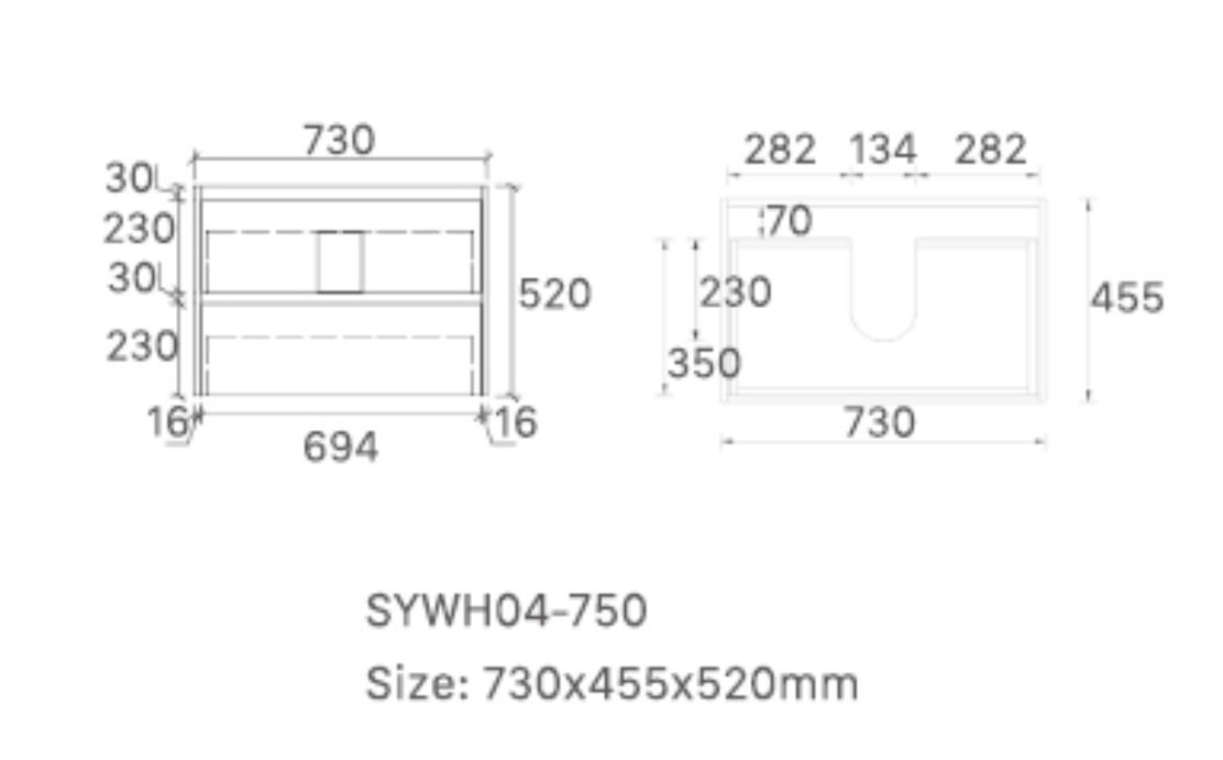 Mina 750A1 Wall Hung Vanity 460mm – Timber Look Melamine Finish with Soft Close Drawers