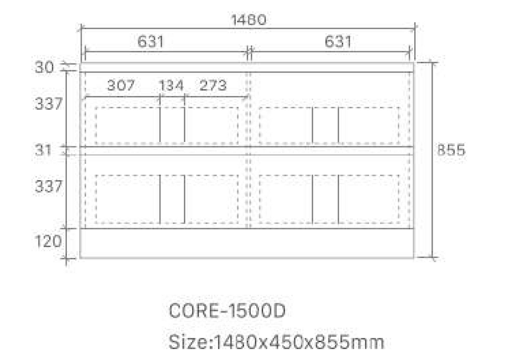 Core 1500DW Freestanding Vanity 460mm – Gloss White Finish with Soft Close Drawers