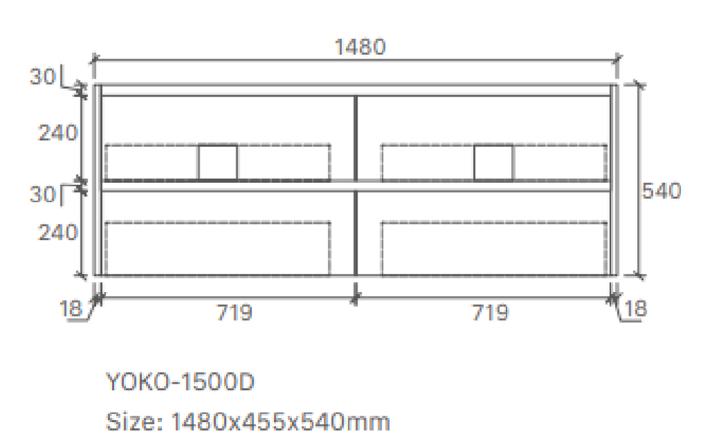 Yoko 1500DW Wall Hung Vanity 460mm  – Gloss or Matt Finish with Premium Soft Close Drawers