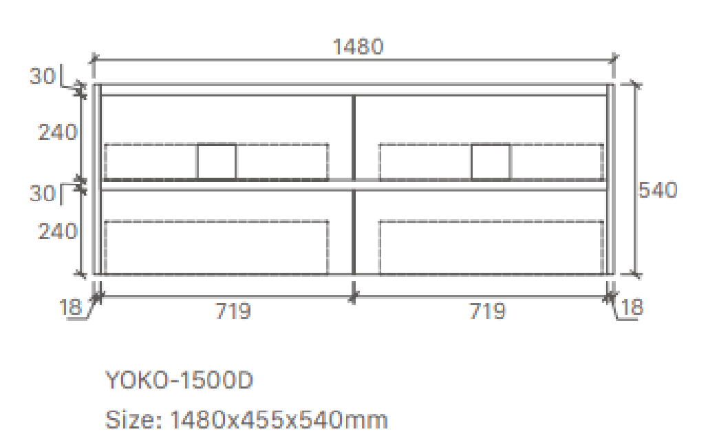 Yoko 1500DW Wall Hung Vanity 460mm  – Gloss or Matt Finish with Premium Soft Close Drawers