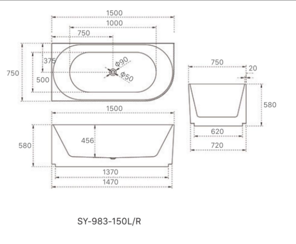 Anika 1500mm Back-to-Wall Freestanding Bath – Contemporary Fluted Acrylic Tub