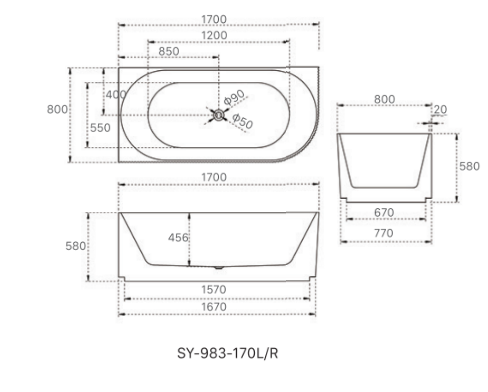 Anika 1700mm Back-to-Wall Freestanding Bath – Elegant Fluted Acrylic Tub