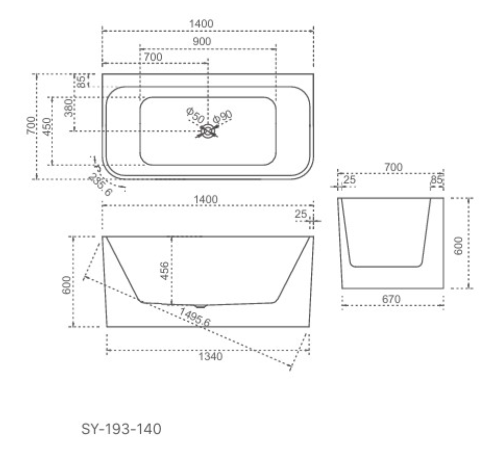 HELIX-140 Back to Wall Freestanding Bath – 1400mm Gloss White Modern Acrylic Tub