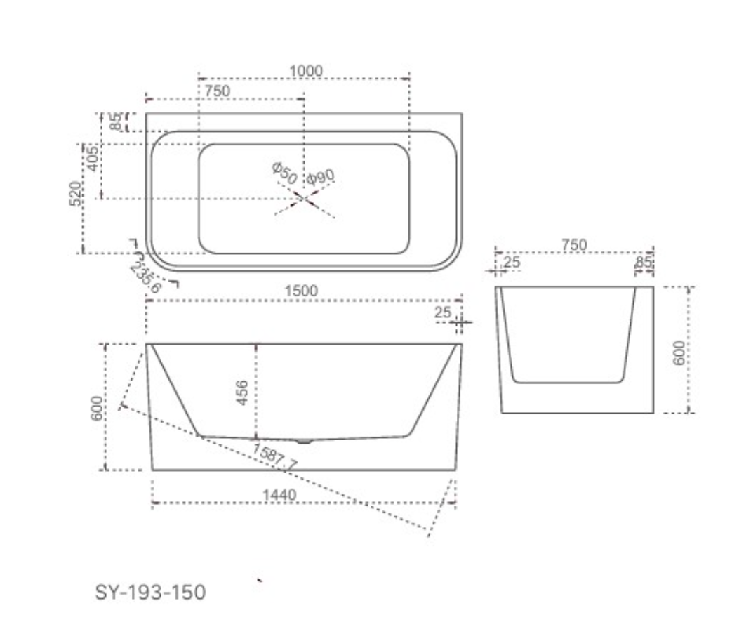 HELIX-150 Back to Wall Freestanding Bath – 1500mm Gloss White Acrylic Tub