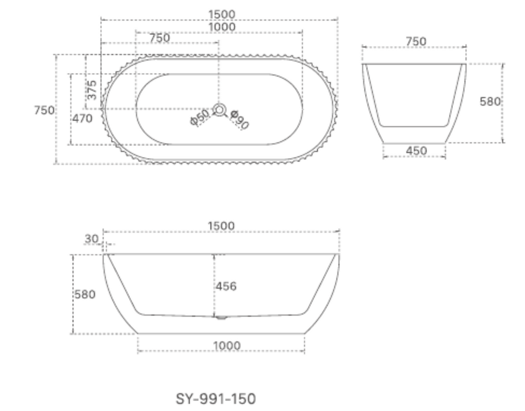 HENLEY Matt White Freestanding Bath – 1500mm Textured Oval Tub