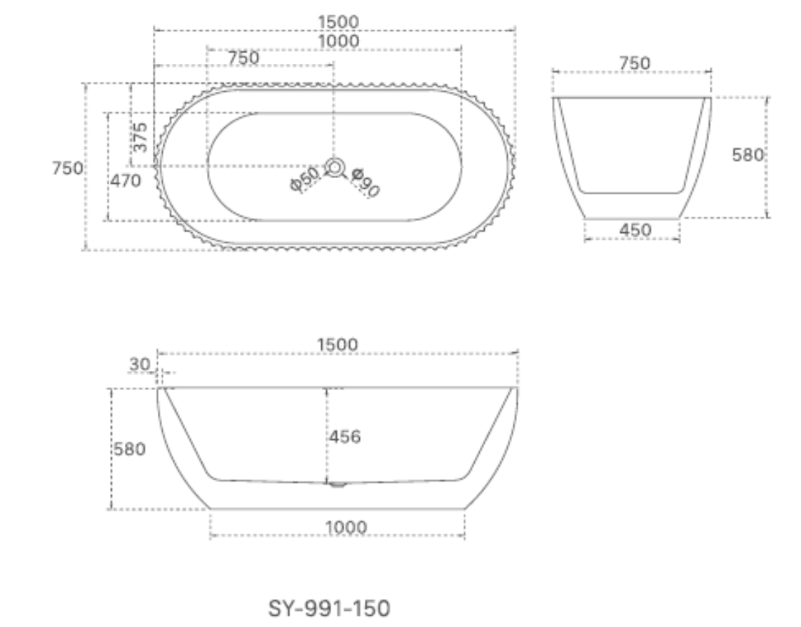 HENLEY Matt White Freestanding Bath – 1500mm Textured Oval Tub