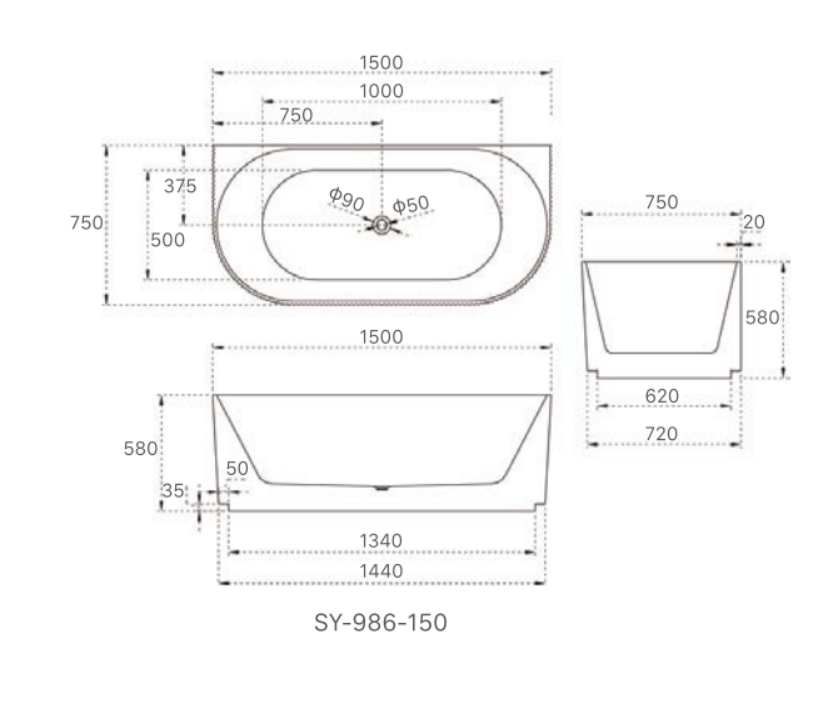 Kira 1500mm Freestanding Bath – Modern Back-to-Wall Acrylic Bathtub with Vertical Fluted Design
