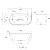 LAMONT-150 Matte White Freestanding Back to Wall Bath – 1500mm Fluted Oval Design