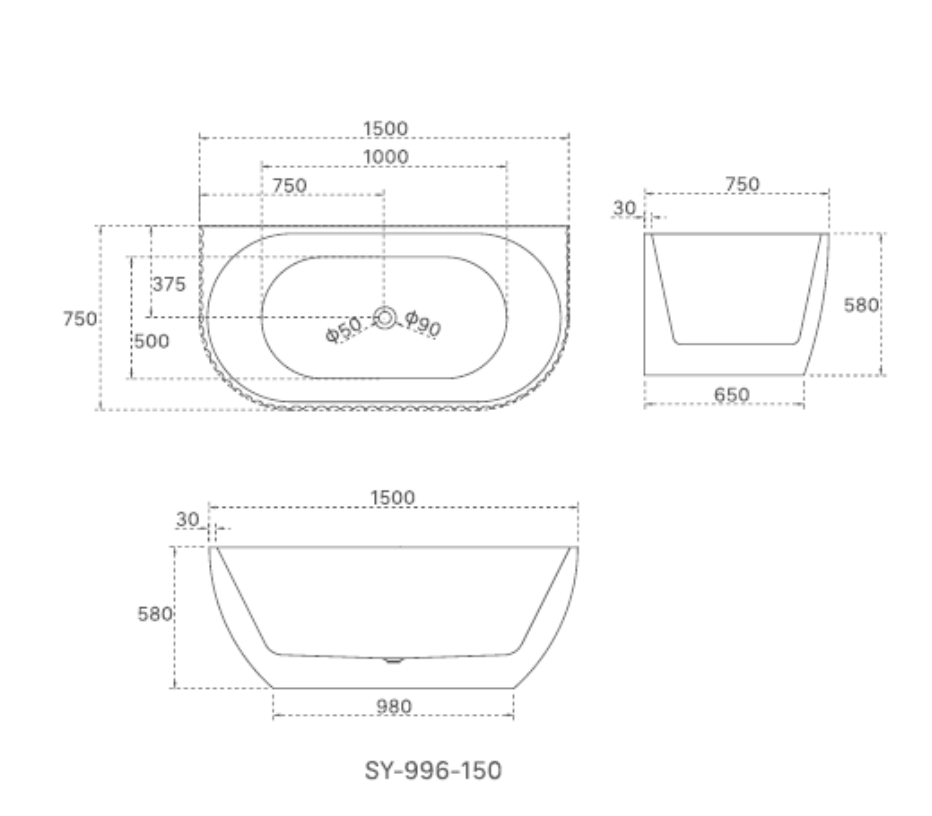 LAMONT-150 Matte White Freestanding Back to Wall Bath – 1500mm Fluted Oval Design