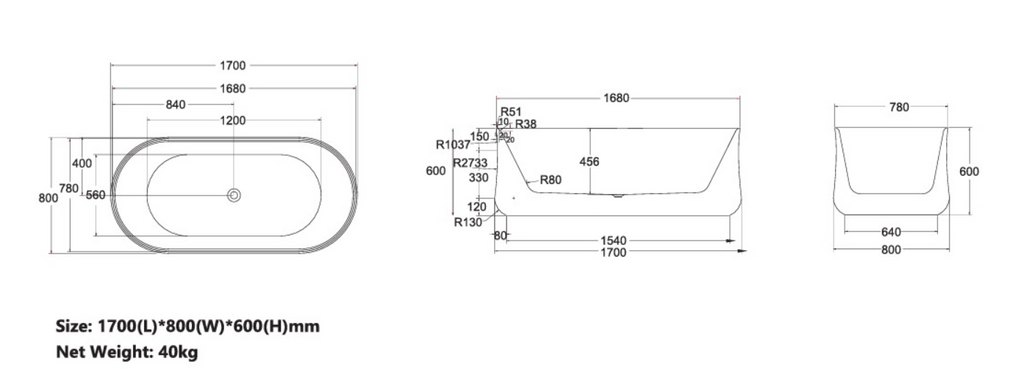 Nevada-170 Freestanding Acrylic Bath – 1700mm Gloss White Modern Oval Tub (Coming May 2025)