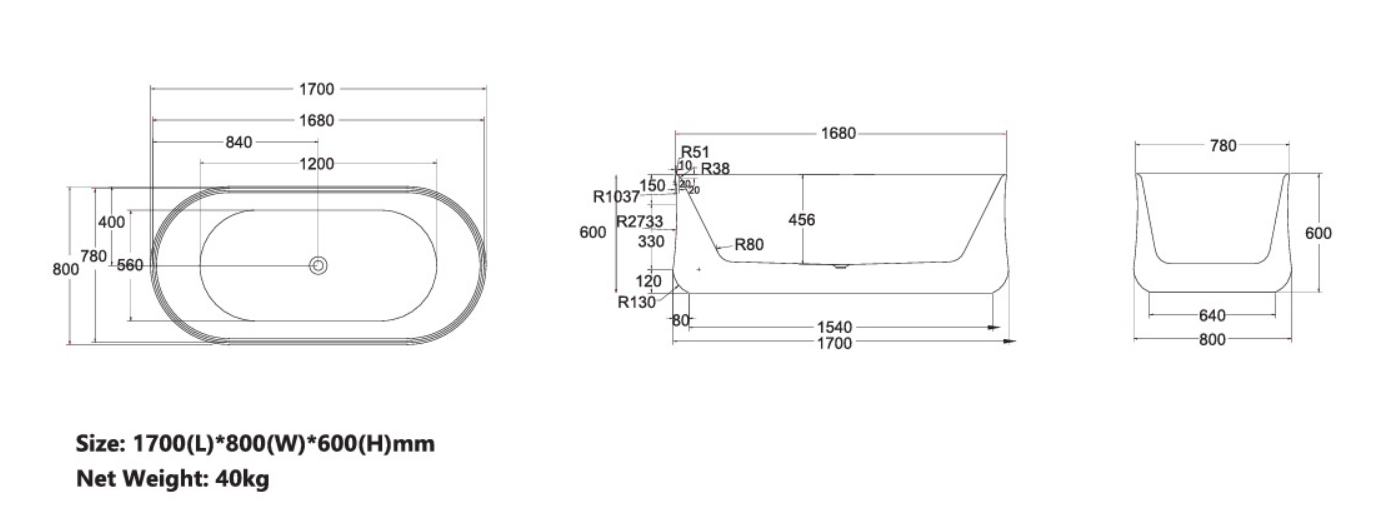 Nevada-170 Freestanding Acrylic Bath – 1700mm Gloss White Modern Oval Tub (Coming May 2025)