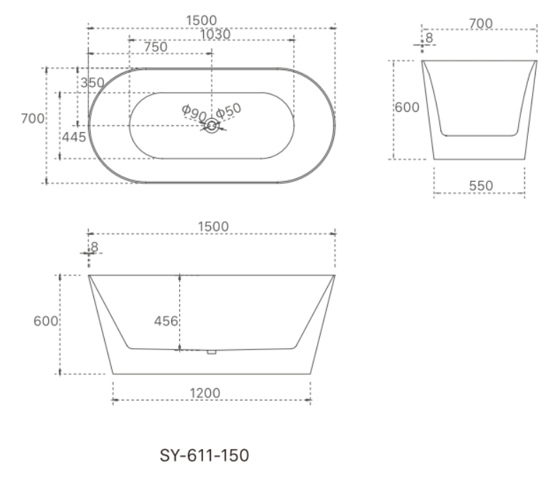 Olivia 1500mm Freestanding Bath – Ultra Slim Rim Acrylic Bath