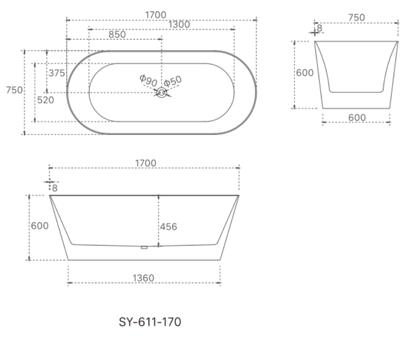 Olivia 1700mm Freestanding Bath – Ultra Slim Rim Modern Acrylic Tub