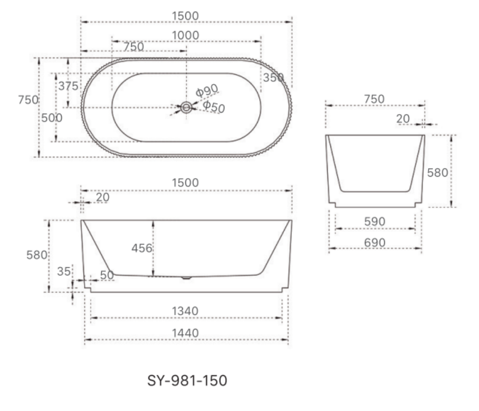 Trina 1500mm Freestanding Acrylic Bath – Fluted Design in Gloss & Matt White