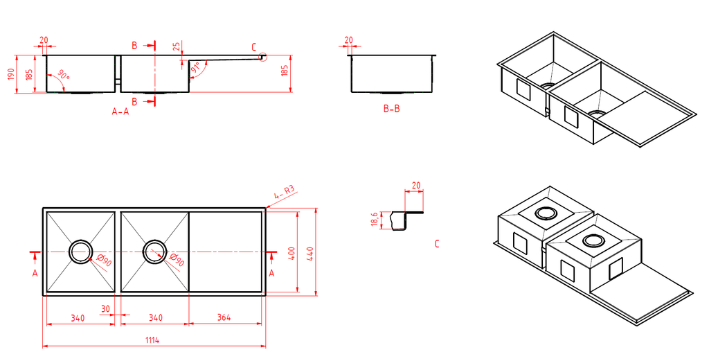 1114mm Square Undermount Sink