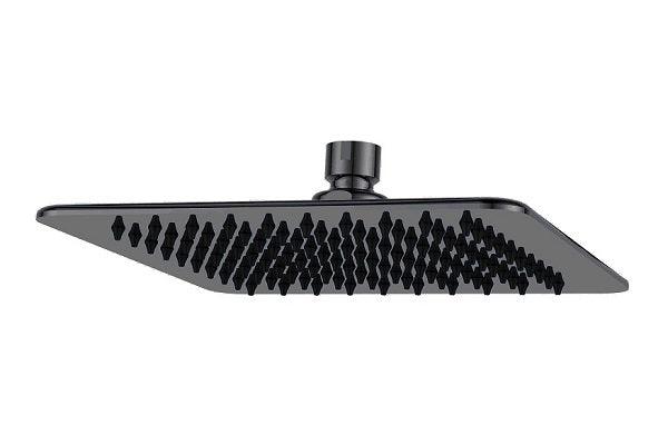 Black Square Shower Head, 200mm size, designed for modern bathrooms with a matte black finish and rubber nipples for even water distribution. Ideal for creating a rainfall effect in showers.