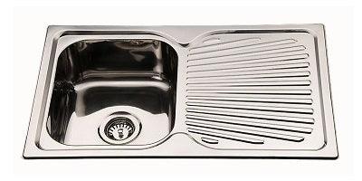 Square Corner Sink BE-78 with polished stainless steel finish and spacious bowl with side drainboard.