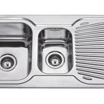 Round Corner Sink BH-98 with polished stainless steel finish, two spacious bowls, and a side drainer.