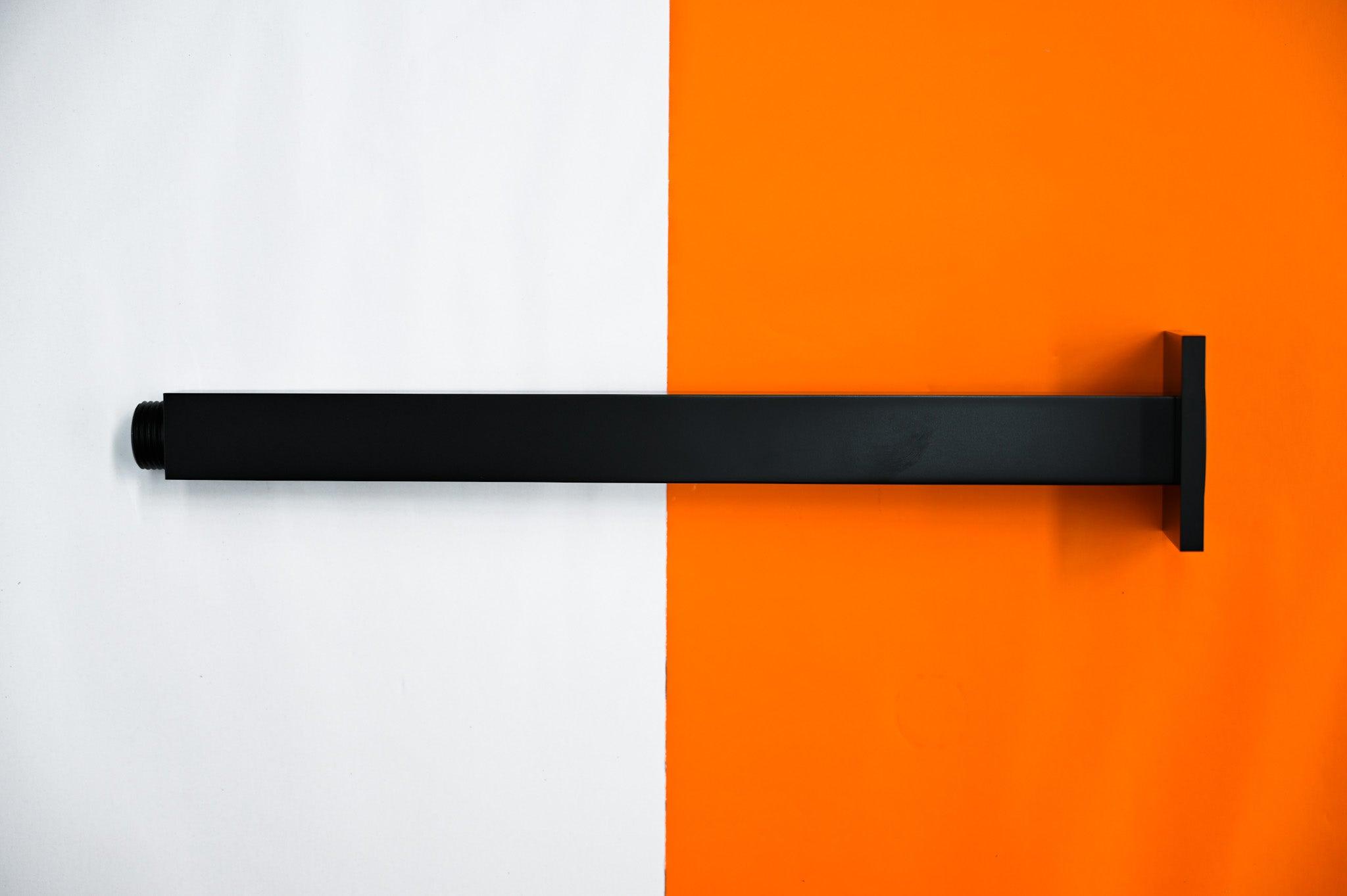 Black Square Ceiling Shower Arm with black matte finish, available in 300mm, 450mm, and 600mm, ideal for ceiling-mounted showerheads.