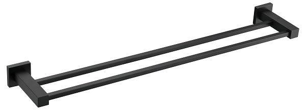 Square Double Towel Rail in black matte finish, available in 600mm, 750mm, and 900mm, ideal for modern bathroom towel storage.