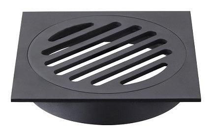 Black Square Floor Grate with slotted design, 110x110mm size, and 100mm outlet, modern bathroom drainage solution.