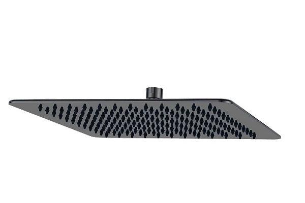 Black Square Shower Head, 300mm size, designed with rubber nipples for even water flow, providing a luxurious rainfall shower experience with eco-friendly water flow of 8L/min.