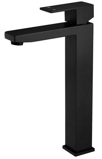 Black Square Tall Basin Mixer in matte black with a modern square design, offering efficient water flow with a 35mm cartridge for contemporary bathrooms.