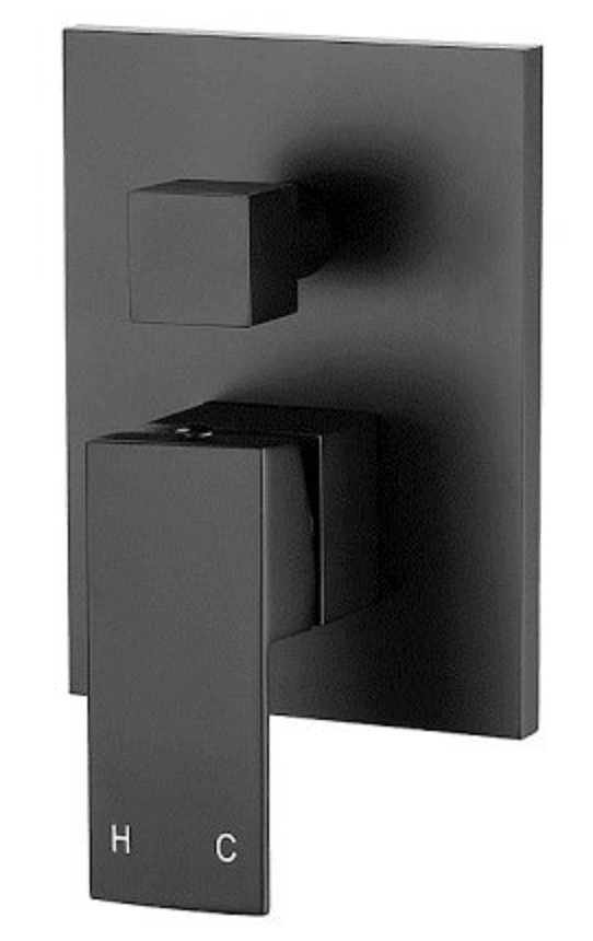 CHA-43D Black Square Wall Mixer with Diverter – 35mm cartridge, 110mm x 150mm cover plate for modern bathroom design.