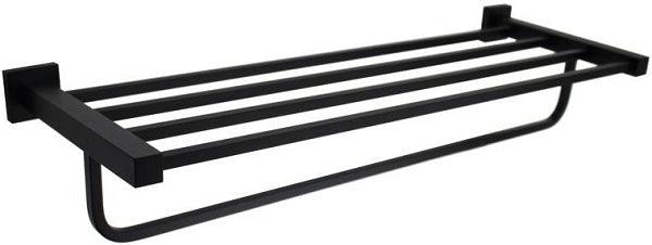 Black Square Bath Towel Shelf with a modern design and matte black finish, offering ample space for towel storage in a bathroom.