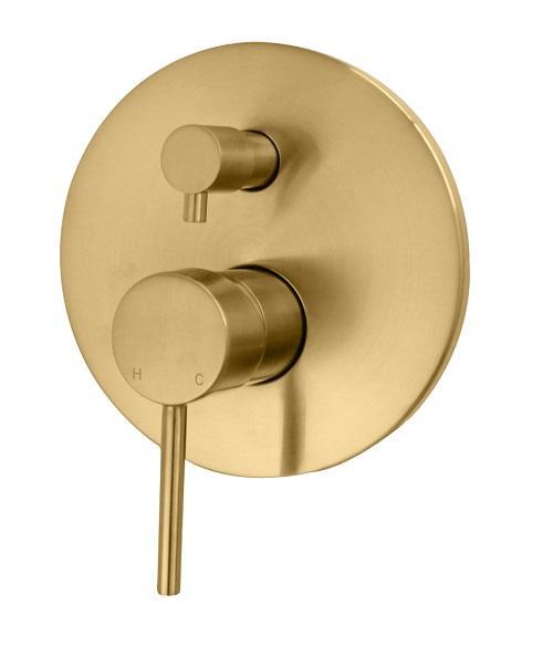 DGA-70D Brushed Gold Wall Mixer with Diverter – 35mm cartridge and Ø160mm cover plate for modern bathrooms.