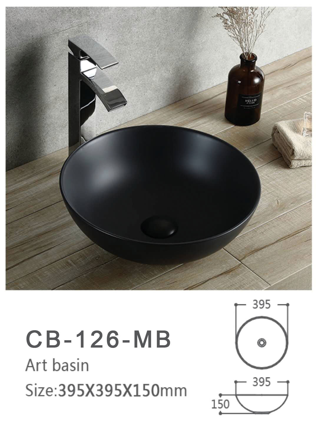 Round Countertop Basin – Glaze White & Matte Black Ceramic Vessel Sinks 395mmx395mmx150mm