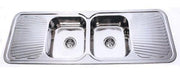 Round Corner Sink BH-138 with double bowls and polished stainless steel finish.